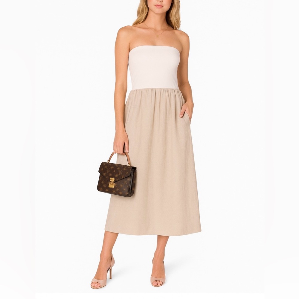 The Drop Women's Cream khaki Hellen Strapless Mixed Media Maxi Dress Medium